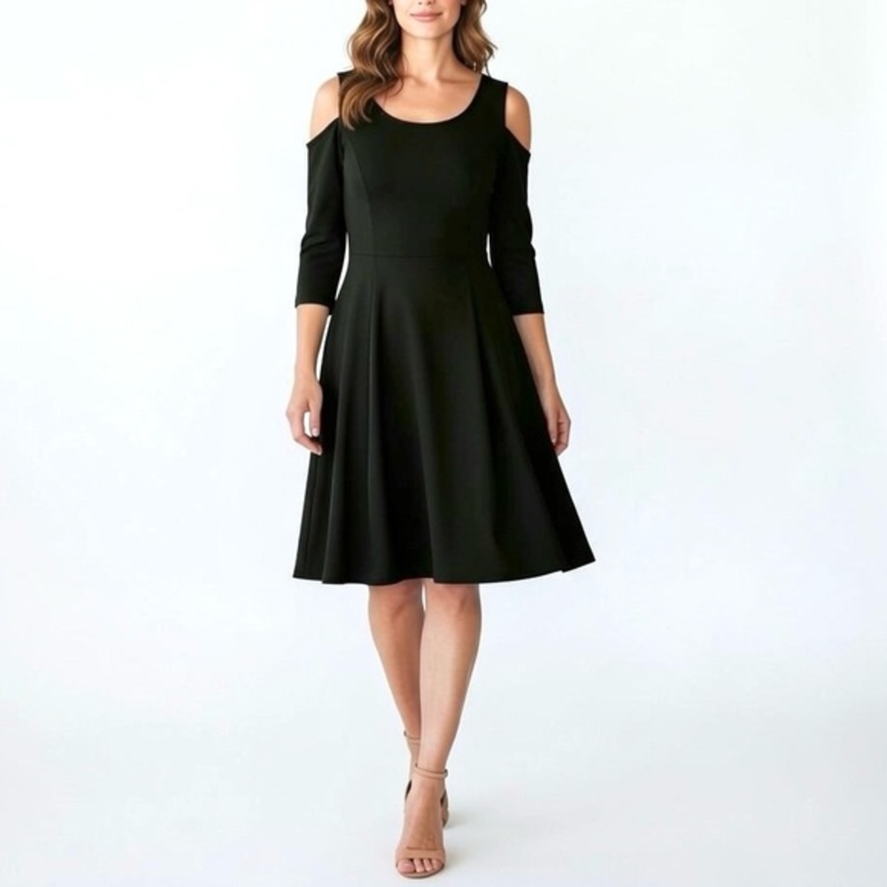 4/$20 Susan Graver Black Fit Flare Cold Shoulder Dress XS NWT